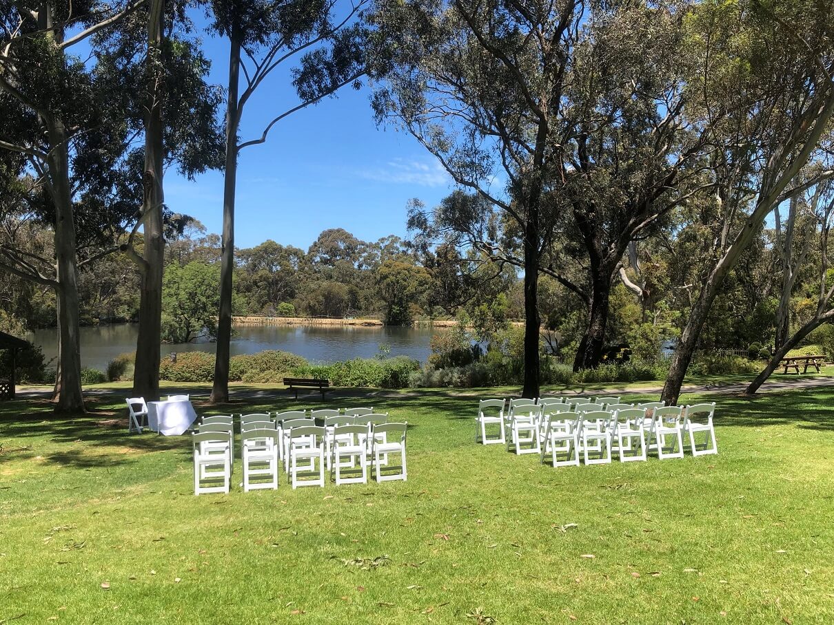 Main Lawn outdoor wedding ceremony by the lake