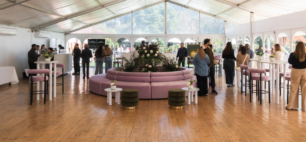 Sophia Modular Circular Lilac Brooklyn Pods Olive Charlie Side Tables White Charlie High Bar tables Krystina Stools Lilac